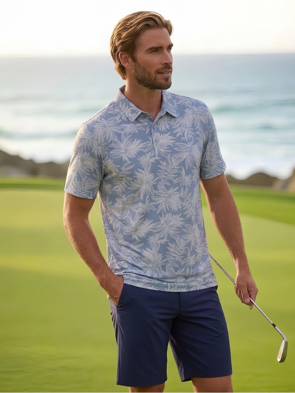 TravisMathew Sea Journey Polo XL Blue Tropical Golf Performance Stretch Mens
